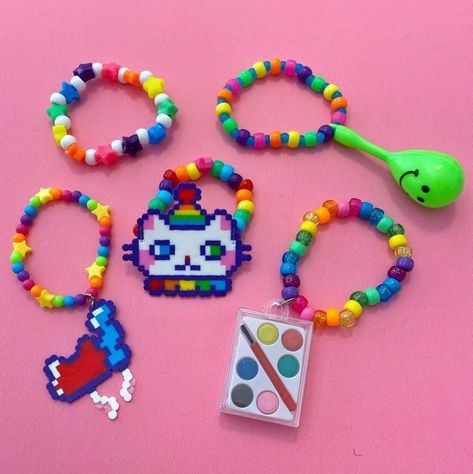 Kidcore Perler Bead Patterns, Perler Bead Scene, Perler Bracelet, Kandi Inspo, Happy Jar, Diy Kandi Bracelets, Pony Bead Crafts, Diy Kandi, Kandi Kid