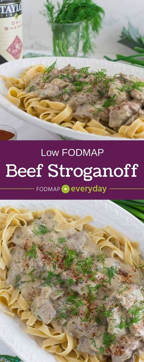 The Most Popular Dish of 2017 was Beef Stroganoff and we have the world's first gluten-free low FODMAP version! Fodmap Meals, Fod Map, Fodmap Diet Plan, Fodmap Recipes Dinner, Crohns Recipes, Low Fodmap Recipes Dinner, Fodmap Meal Plan, Fodmap Food, Ic Recipes