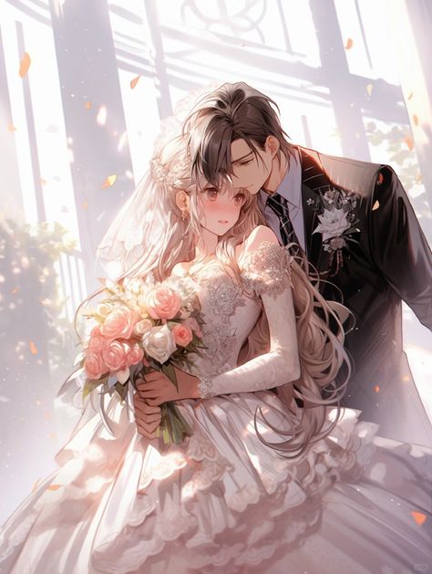 Marriage Anime Couple, Anime Wedding Couple Marriage, Married Anime Couple, Wedding Anime Couple, Manhwa Wedding, Wedding Anime, Anime Wedding Dress, Cartoon Wedding, Marriage Pictures