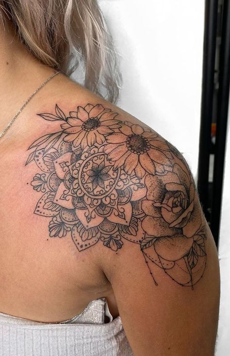 Shoulder Cap Tattoos For Women, Mandala Tattoo Shoulder, Mandala Tattoos For Women, Mandala Tattoo Designs, Front Shoulder Tattoos, Shoulder Cap Tattoo, Shoulder Sleeve Tattoos, Floral Mandala Tattoo, Mandala Tattoo Sleeve