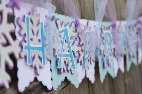 Frozen Birthday Banner - with blues, silver and purple!! Pink can be used as well..let me know! Check out my shop for more! #4heartspapercraftco #frozenbirthday Natal, Frozen Birthday Banner, Gymnastic Party, Frozen Banner, Frozen 3rd Birthday, Frozen Bday Party, Disney Frozen Birthday Party, Frozen Birthday Theme, Disney Frozen Party