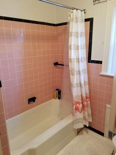 How To Save A Pepto-Bismol Pink Bathroom Old Pink Tile Bathroom Ideas, Vintage Pink Tile Bathroom, Retro Tile Bathroom, Pink Tile Bathroom Ideas, Pink Vintage Bathroom, Pink Tile Bathroom, Pink Bathroom Tiles, Pink And Black Bathroom, Black Tile Bathrooms