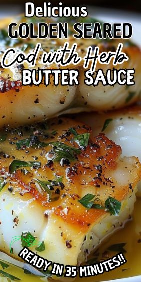 Golden Seared Cod with Herb Butter Sauce Herb Butter Sauce, Seared Cod, Fish Batter, Cod Fillets, Cod Fish Recipes, Fish Recipes Baked, Fish Dinner Recipes, Shellfish Recipes, Cod Recipes