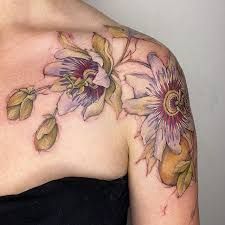 Passion Flower Tattoo, Wild Rose Tattoo, Shoulder Cap Tattoo, Lily Flower Tattoos, Poppies Tattoo, Floral Tattoo Sleeve, Color Tattoos, Cherry Blossom Tattoo, Botanical Tattoo