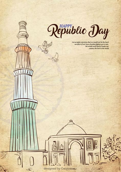 republic-day-wishes-with-qutub-minar-brown-line-art-vector-design Republic Day Illustration Art, Indian Constitution Drawing, Qutub Minar Drawing, Republic Day Illustration, Republic Day Art, Indian Constitution Day, Tiranga Flag, Brown Line Art, Republic Day Drawing