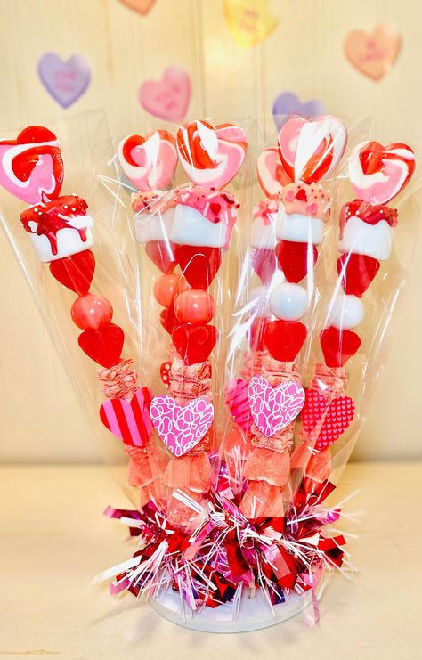 Lollipop Candy Kabobs, Valentines Day Party Favors, Gummy Candy Kabobs, Candy Kabobs, Heart Lollipop, Valentine Party Favors, Lollipop Candy, Valentines Day Treats, Valentine Candy