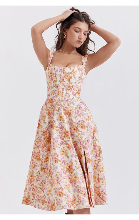 Clothing : Midi Dresses : 'Saira' Ivory Floral Midi Sundress Corset Midi Dress, Waist Corset, Mini Sundress, Floral Print Midi Dress, Floral Sundress, Sleeves Clothing, Red Midi Dress, Spaghetti Strap Dresses, Brunei