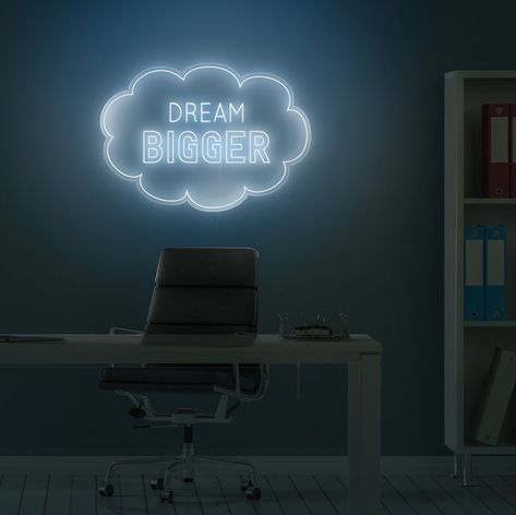 Inspirational Neon Sign - Dream Bigger LED Neon Sign | Elitist Bedroom Workspace, Dream Bigger, Neon Artwork, Custom Neon Lights, Don't Settle For Less, Wildest Dreams, Vegas Strip, Neon Art, Stop Working