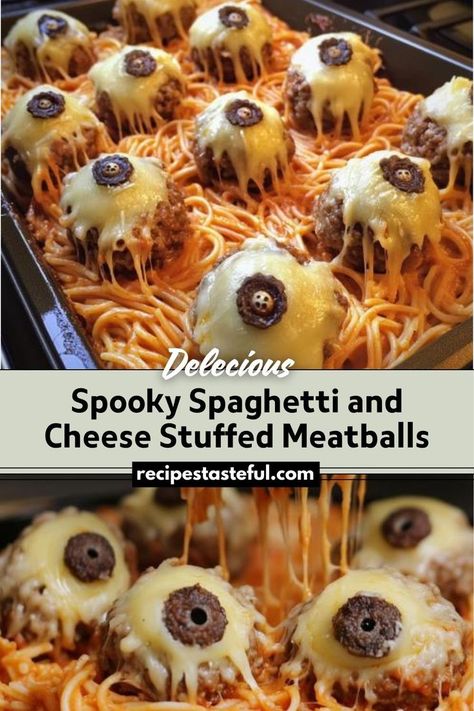 Turn your Halloween dinner into a spine-chilling feast with Spooky Spaghetti and Cheese Stuffed Meatballs. These eerie "eyeball" meatballs, filled with string cheese and topped with olives, create a fun and creepy meal perfect for impressing both kids and adults. Spaghetti And Cheese, Spaghetti Calories, Halloween Spaghetti, Spooky Spaghetti, Stuffed Meatballs, Cheese Stuffed Meatballs, Cheese Sauce For Pasta, Roasted Green Beans, Festive Desserts