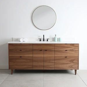 Walnut Bathroom Vanity, Walnut Bathroom, 72 Vanity, Walnut Vanity, Melamine Cabinets, Grey Drawers, Black Vanity Bathroom, Ceramic Undermount Sink, Walnut Shelves