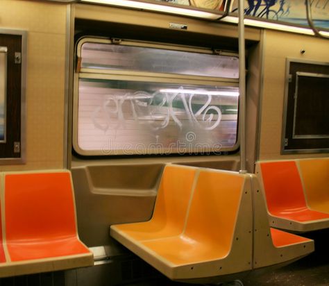 Subway Ride. Empty yellow and orange bucket seats inside a New York City subway , #AFFILIATE, #orange, #bucket, #seats, #yellow, #Subway #ad Bus Seat Background, New York Subway Illustration, Subway Seats, Americana Photography, Image Texture, Subway Car, Red Song, Background References, New York City Subway