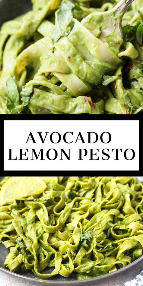 Craving pesto, but don't have any nuts?? This Avocado Lemon Pesto is for you! It's light, refreshing, and full of flavor. Plus it takes about 5 minutes to make, and it's so versatile! Add it to your favorite gluten-free pasta, use it as a sauce on top of grilled chicken or steak, or for a Whole30 option - toss it with vegetables! Pesto Avocado Sauce, Lemon Avocado Pasta, Keto Pesto Pasta, Avacodo Recipe Idea Pasta, Vegan Gluten Free Pasta Sauce, Gluten Free Pesto Recipes, Avocado Pasta Sauce Recipes, Healthy Avocado Dinner Recipes, Pasta And Avocado Recipe