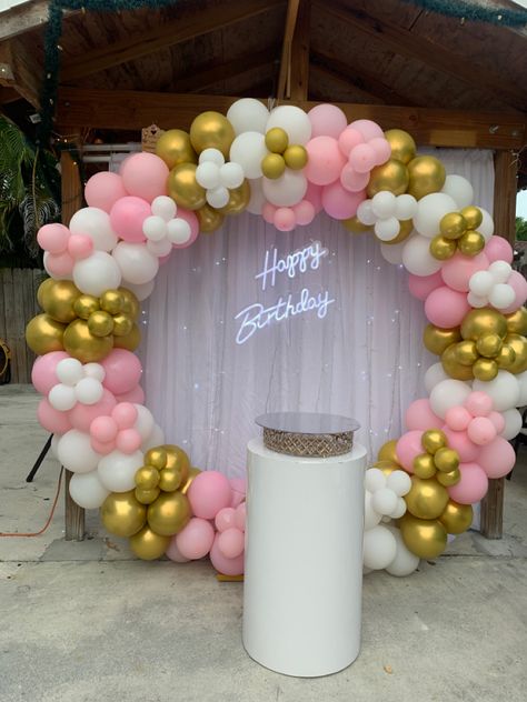 Circle Backdrop With Drapes And Balloons, Full Circle Balloon Arch, Circle Birthday Decoration, Balloon Stage Decor, Ballon Stand Decor, Round Balloon Backdrop, Round Balloon Arch, Circular Backdrop, Pink Birthday Decorations