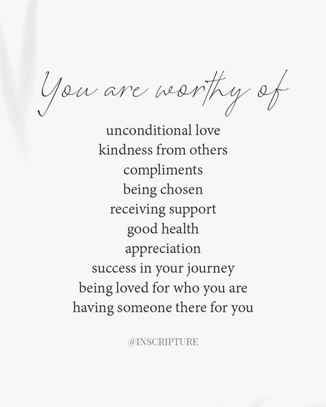 YOU ARE WORTHY OF SO MUCH 💪❤️ It can be easy to believe the lies our brains tell us, but know you are worthy of everything. You are worthy of love, success and happiness. You are enough. 🌟 https://www.inscripture.com/ #mentalhealthmatters #progressnotperfection #selfcarejourney #positivechanges #brighterdays #mentalwellness #celebrateyourwins #healingjourney #smallstepsbigchanges #youarestrong #keepgoing #mentalhealthawareness #selflove #mindfulness #wellnessjourney #innerpeace #growthmind... You Are Different, You Are Worthy Of Love Quotes, You Are Worthy Of Love, Quotes About Being Enough, You Are Amazing Quotes, Feeling Worthy, You Are Enough Quote, Worthy Of Love, Worthy Quotes