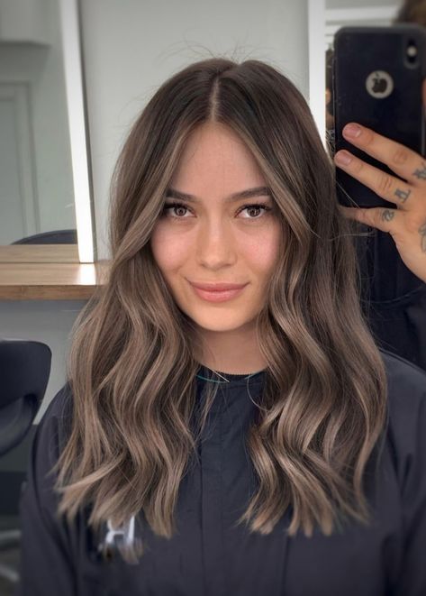 Light Brown Ashy Balayage, Ash Brown Hair Light, Brunette Before And After, Medium Length Ash Brown Hair, Fall Ash Brown Hair, Cool Toned Medium Brown Hair, Ghost Cut Hair, Medium Contrast Hair, Light Brown Hair Dark Roots