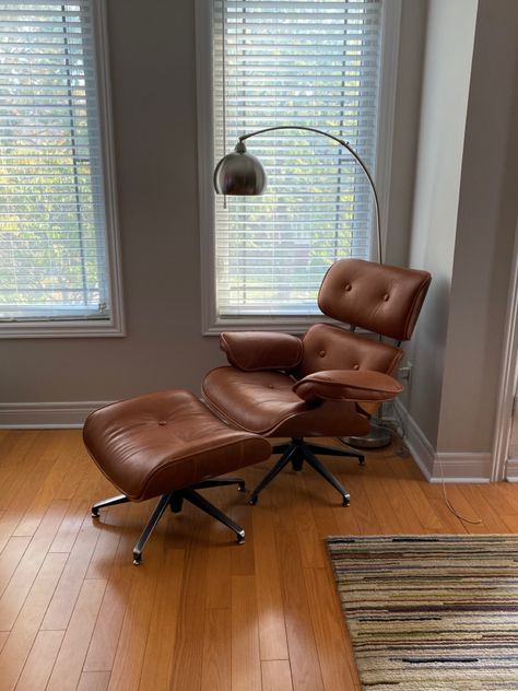 Tan Eames Lounge Chair, Brown Eames Chair, Eames Lounge Chair Brown, Therapist Chair, Eames Chair Living Room, Eames Recliner, Tan Lounge, 2023 Apartment, Tan Leather Chair