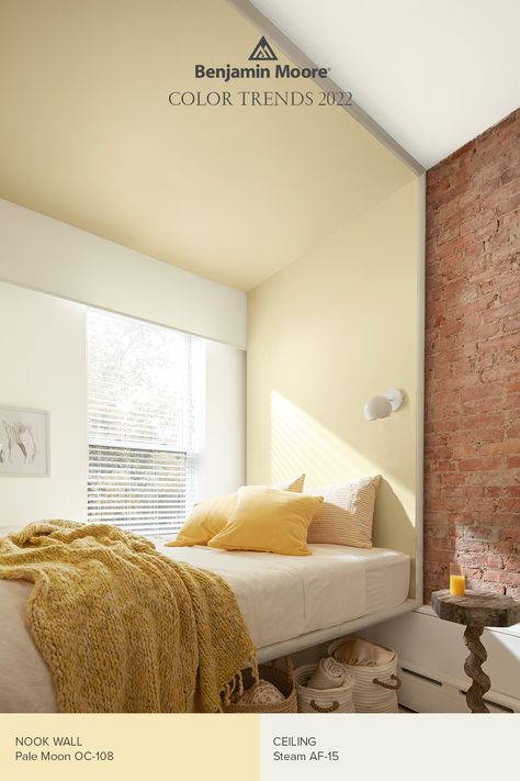 Bedroom Paint Ideas Yellow, Light Yellow Benjamin Moore Paint, Yellow Painted Rooms Bedrooms, Benjamin Moore Pale Moon Paint, Yellow Bedroom Paint Ideas, Soft Yellow Paint Colors Bedroom, Pale Yellow Paint Colors Bedroom, Pale Yellow Accent Wall, Yellow Walled Bedroom