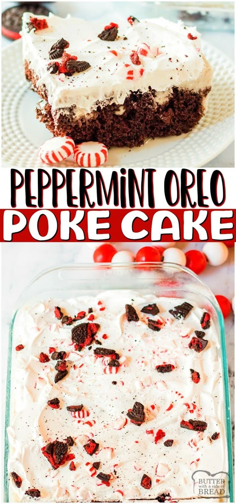 Oreo Poke Cake, Pudding Whipped Cream, Easy Christmas Cake, Peppermint Cookie, Chocolate Peppermint Cake, Christmas Cake Recipe, Peppermint Dessert, Easy Christmas Cake Recipe, Peppermint Recipes