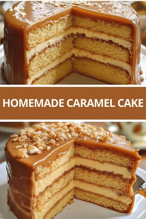 HOMEMADE CARAMEL CAKE Caramel Cakes Birthday, Carmel Cake Recipe From Scratch, Old Fashion Caramel Cake, Easy Cake Flavor Ideas, Easy Salted Caramel Cake, Caramel Cloud Cake, Easy Caramel Cake Recipe, Carmel Cakes Southern, Old Fashioned Caramel Cake