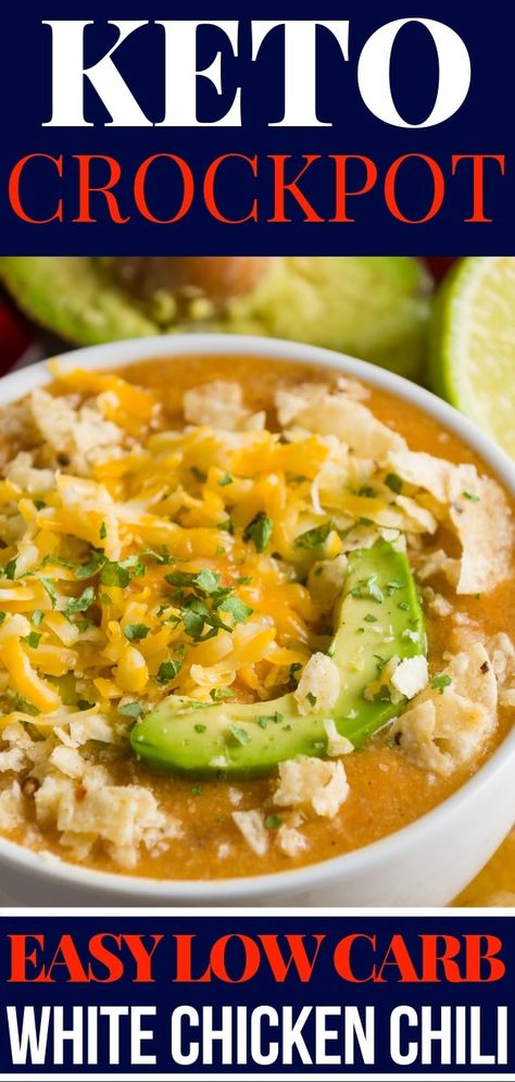 Looking for a keto dinner recipe that’s low carb high in flavor & easy to prep for the crockpot? This Keto Crockpot White Chicken chili is the best! Only 6 carbs & easy to make ahead & freeze! Everyone will love this easy keto recipe that’s perfect for ketogenic diet beginners-no special ingredients necessary! You can’t beat a slow cooking keto meal made easy in the crockpot! Yum! #keto #ketogenic #ketodiet #ketogenicdiet #ketorecipes #lowcarb #LCHF #crockpot #crockpotrecipes Keto Dinner Recipe, Chicken Chili Crockpot, Crockpot White Chicken Chili, Keto Crockpot, Keto Crockpot Recipes, Shredded Chicken Recipes, Chicken Chili Recipe, White Chicken Chili, Ketogenic Diet Recipes