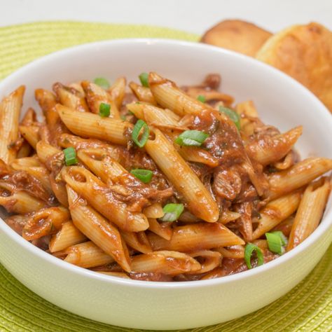 BBQ Pulled Pork Pasta is a fantastic way to use up leftover pulled pork! From Sew You Think You Can Cook Leftover Pork Roast Recipes Pasta, Pulled Pork Spaghetti, Pork And Pasta, Pulled Pork Pasta, Bbq Spaghetti, Pulled Pork Dinner, Meals Pasta, Grain Dishes, Pulled Pork Leftover Recipes