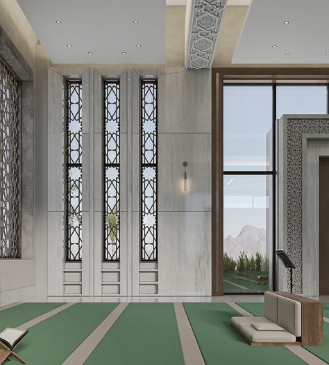 Introducing the main prayer hall at Masjid Al-Hikma, an exquisite blend of elegant grey marble and rich wood, adorned with intricate Islamic patterns. This space beautifully reflects the depth of Islamic culture with a modern touch, guiding worshippers to peace and tranquility. - - - - - - #interiordesign #interiorinspo #interiordaily #interiorstyle #interiorinspiration #3dvisualization #designinspiration #design #designinterior #visualart #visualization #3dmax #modern #art #luxurylifestyle #... Interior Mosque Design, Mosque Modern Design, Masjid Design Islamic Architecture, Mihrab Design Islamic Architecture, Modern Mosque Interior, Namaz Room, Islamic Arch, Mosque Interior, Mosque Design Islamic Architecture