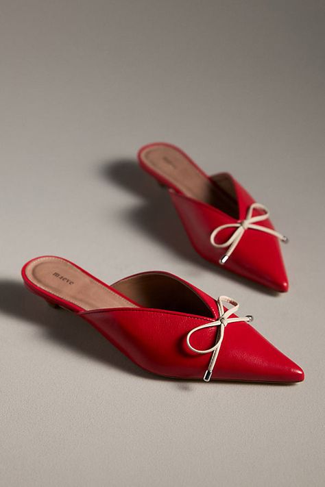 Leather upper, insole Rubber sole Slip-on styling Imported | Bow Mule Heels by Maeve in Red, Women's, Size: 37, Leather/Rubber at Anthropologie Bow Mules, Mule Heels, Stunning Shoes, Red Fits, Shoes Heels Wedges, Unique Shoes, Heels & Wedges, Shoe Style, Mule