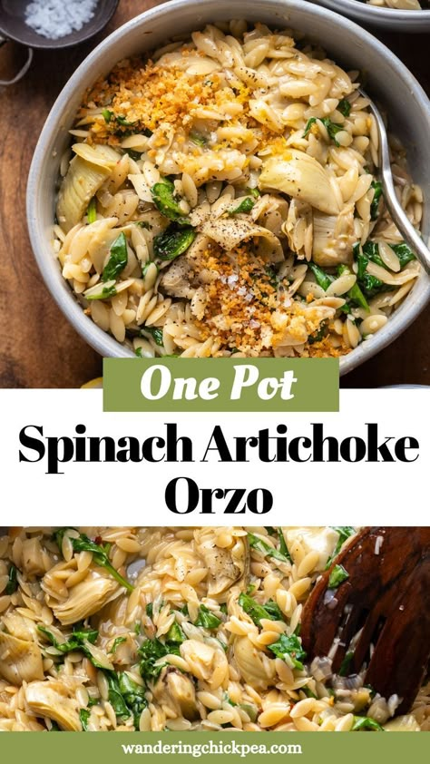 Spinach Artichoke Orzo Spinach Artichoke Orzo, Artichoke Orzo, Orzo Recipes Side, Artichoke Heart Recipes, Marinated Artichoke Hearts, Orzo Recipe, Orzo Recipes, Artichoke Recipes, One Pot Meal