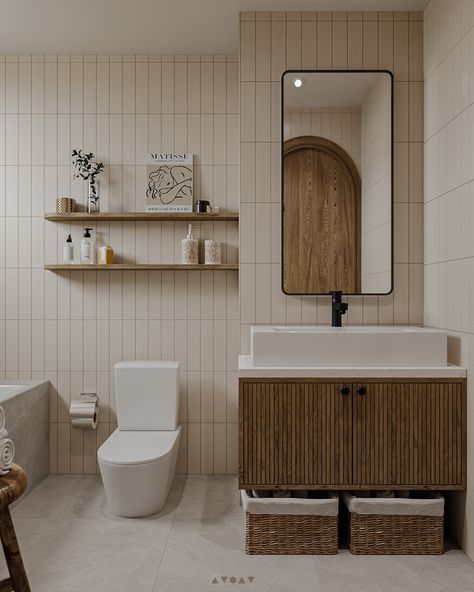 COZY COTTAGE HOUSE on Behance Modern Scandinavian Cottage, Small Cozy Bathroom Aesthetic, Modern Japandi Bathroom, Japandi Interiors Bathroom, Japandi Toilet, Japandi Bathroom Small, Cozy Toilet, Rustic Bed Design, Japandi Style Bathroom