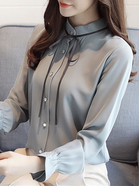 Ladies Shirts Formal, Bow Tie Shirt, Ladies Chiffon Shirts, Stand Collar Shirt, Women Tie, Chiffon Long Sleeve, Chiffon Shirt, Fashion Tops, Middle East