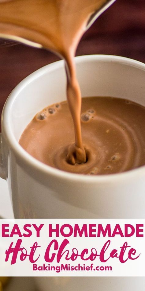 This three-ingredient Hot Chocolate recipe is quick, easy, and delicious. | #HotChocolate | #Chocolate | Old Fashioned Hot Chocolate Recipe, Stovetop Hot Chocolate Recipe, Easy Hot Cocoa Recipe, Baking Mischief, Easy Hot Chocolate, Chocolate Goodies, Cafe Chocolate, Best Hot Chocolate Recipes, Hot Chocolate Recipe Homemade