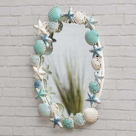 Aqua Shells & Starfish Wall Mirror Coastal Mirrors, Wall Clips, Black Forest Decor, Beach Room, Shell Crafts Diy, Hanging Wall Mirror, Seashell Art, Beach Crafts, Seashell Crafts