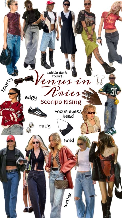 How to dress for your Venus in Aries Scorpio Rising style inspo Aries Outfits, Scorpio Fashion, Venus In Aries, Venus Clothing, Scorpio Rising, Zodiac Sign Fashion, Venus Fashion, Outfit Mujer, Fashion Lookbook