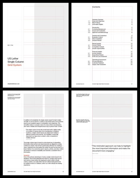 A versatile US Letter one-column report grid system designed for Adobe InDesign. Ideal for corporate business brochures, white papers, and case studies. This template features a modern Swiss style layout with comprehensive style sheets and proportional typography, suitable for both print and digital PDF publications and various corporate and marketing design needs. Business Report Design, Typography Brochure, Booklet Design Layout, Magazines Layout, Booklet Layout, Report Layout, Bold Minimalism, Museum Logo, Case Study Design