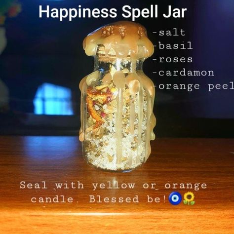 Happiness Spell Jar, Happiness Spell, Magic Oil, Wicca Recipes, Witch Tips, Witch Herbs, Jar Spells, Witch Bottles, Green Witchcraft