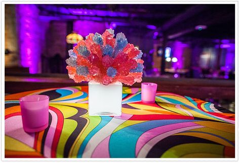 Illuminated Rock candy centerpiece Bat Mitzvah decor by theshowplaceny.com Candy Centerpieces Wedding, Candyland Wedding, Arcade Wedding, Bat Mitzvah Centerpieces, Bas Mitzvah, Candy Centerpiece, Non Floral Centerpieces, Wonka Party, Cheer Banquet