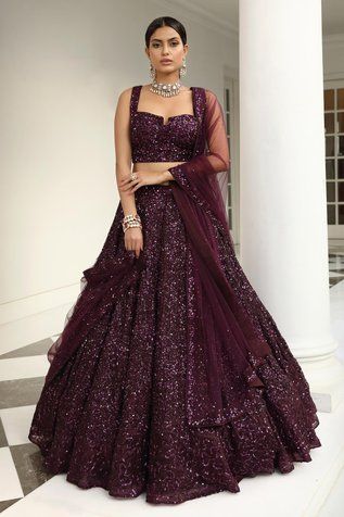 Buy Shyam Narayan Prasad Yellow Silk Embroidered Lehenga Set Online | Aza Fashions Wine Colour Designer Saree, Grape Wine Color Lehenga, Sequence Lehanga Design, Traditional Dresses Indian Lehenga Choli Wedding Outfits, Blouse And Lehenga Designs, Purple Lehenga Bridal Receptions, Purple Reception Lehenga, Latest Outfits For Women Wedding, Wine Colour Lehenga Color Combos