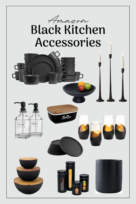 Elevate your kitchen style with our stunning collection of sleek and chic black kitchen accessories. These modern and sophisticated pieces are designed to bring both function and fashion to your culinary space. Discover the beauty of a black-themed kitchen and transform your culinary experience. #kitchenaccessories #blackkitchendecor #kitchenstyle #homedecor #modernslyle Modern Black Kitchen Decor, Black And Gold Kitchen Decor, Matte Black Kitchen Accessories, Wood Kitchen Accessories, Black Kitchen Accessories, Black And Gold Kitchen, Modern Black Kitchen, Black Kitchen Decor, Girl Apartment Decor