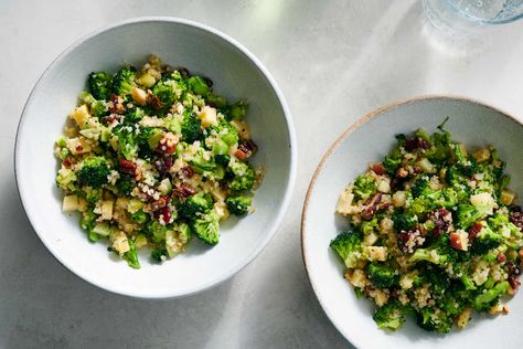 This easy chopped salad fits loads of texture and flavor onto a spoon by combining finely chopped raw broccoli with chewy dried cranberries, crunchy pecans, fluffy quinoa and chunks of sharp Cheddar cheese The mixture is tossed in a punchy mustard vinaigrette that soaks into the florets, only getting better as it sits Feel free to substitute the quinoa for any grain, like brown rice, farro or buckwheat groats, though the cook time may vary. Broccoli Spoon Salad, Broccoli And Quinoa Salad, Brocolli Quinoa Recipes, Quinoa And Broccoli Spoon Salad, Quinoa Broccoli Salad, Quinoa And Broccoli Recipes, Chopped Broccoli Salad, Broccoli Quinoa Salad, Nytimes Cooking