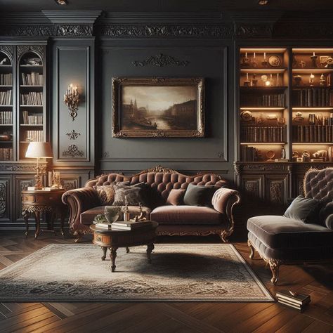 Dark Living Room Walls, Dark Academia House Interior, Victorian Interiors Living Room, Victorian Modern Living Room, Dark Victorian Living Room, Moody Living Room Ideas, Dark And Moody Living Room, Modern Victorian Living Room, Dark Academia Living Room