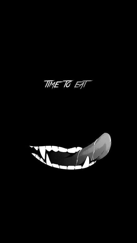 Time to eat, text, mouth, sharp teeth, tongue, hungry, fangs; Anime The Words, In The Dark, Anime, Black