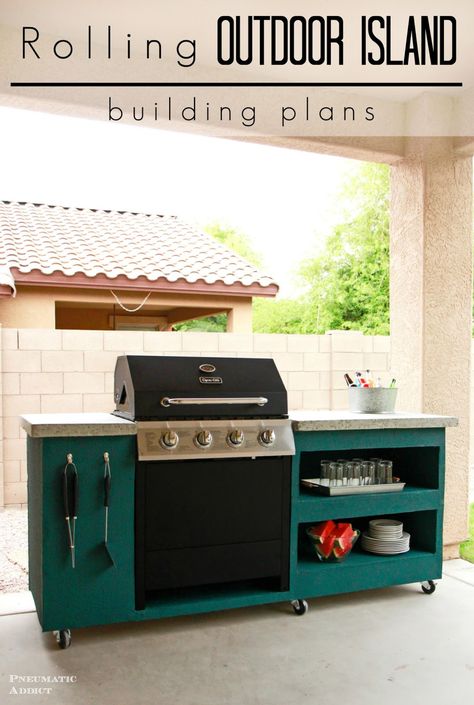 DIY rolling outdoor kitchen building plans - This is EXACTLY what I want (Except with the overhang for the bar area, which will probably need to be larger?) - no railing behind grill! Grilling Island, Diy Grill Station, Grill Diy, Outdoor Grill Island, Outdoor Grill Station, Outdoor Island, Diy Grill, Outdoor Kitchen Countertops, Grill Island