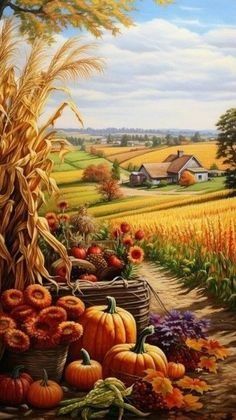 Farm Scene Painting, Fall Clip Art, Fall Canvas Painting, Pumpkin Pictures, Farm Paintings, Thanksgiving Art, Nostalgic Art, Cottage Art, Autumn Scenes