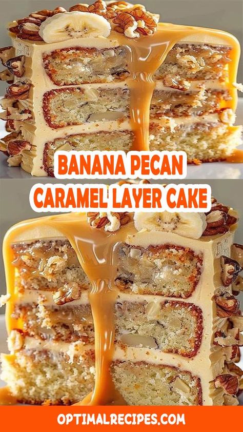 This Banana Pecan Caramel Layer Cake is what dessert dreams are made of! 🍌🥜 Layers of moist banana cake, crunchy pecans, and a rich caramel drizzle come together for the ultimate sweet treat. Perfect for any occasion – whether it’s a weekend baking session or a special celebration. Trust us, your taste buds will thank you! 🙌 Save this pin now to bake up something incredible that your family and friends won’t stop talking about! 💛 #BananaCake #CaramelLovers #DessertGoals #BakingInspo #YummyTreats Carmel Banana Pecan Cake, Banana Caramel Pecan Cake, Caramel Banana Pecan Cake, Banana Pecan Caramel Cake, Pineapple Banana Cake Recipe, Banana Pecan Caramel Layer Cake, Caramel Cake Recipe Easy, Pecan Caramel Cake, Caramel Layer Cake