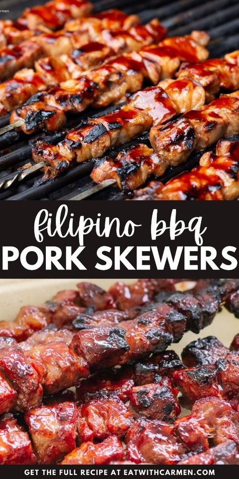 Filipino BBQ Pork Skewers: Enjoy the smoky, sweet, and savory flavors of Filipino BBQ pork skewers, perfect for grilling or air frying. Bbq Pork Skewers, Filipino Pork Bbq, Filipino Bbq, Healthy Fall Dinner, Filipino Street Food, Cozy Fall Recipes, Pork Skewers, Easy Autumn Recipes, Skewer Recipes