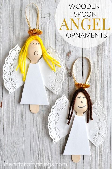 These wooden spoon angel Christmas ornaments are elegant and will add a pretty touch to your tree every year. Great homemade Christmas ornament for kids. Diy Angel Ornaments, Christmas Ornaments Diy Kids, Angel Christmas Ornaments, Christmas Angel Crafts, Kids Christmas Ornaments, Homemade Ornaments, Angel Crafts, Winter Crafts For Kids, Preschool Christmas