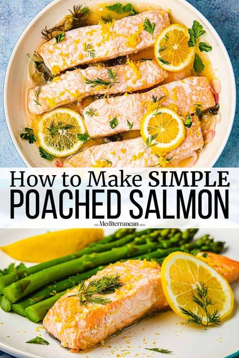 Poached salmon with white wine and garlic broth is an easy salmon recipe made with pantry staples and comes together in just 10 minutes. Guest Recipes, Fish Dishes Recipes, Garlic Broth, Easy Salmon Recipe, Poached Fish, Grilled Seafood Recipes, Cook Fish, Recipes Fish, Mediterranean Meals