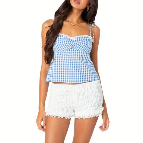 Faster shipping. Better service,Amazon,Tiktok,AliExpress,Target,Walmart,Ikea,casual preppy outfits,casual preppy outfits Blue And White Tops, Aesthetic Plaid, School Outfit Women, Slim Fit Crop Top, Gingham Top, Summer Vest, Fit Summer, Womens Camisoles, Plaid Outfits