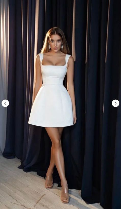 Aesthetic Wedding Reception Dress, Simple Wedding Dress Reception, Short White Dress Bridal Shower, Party Minimalist Outfit, Elegant Wedding Dress Reception, White Short Classy Dress, Wedding Dresses Reception Short, Chic Graduation Dress, Graduation Outfit White Dress