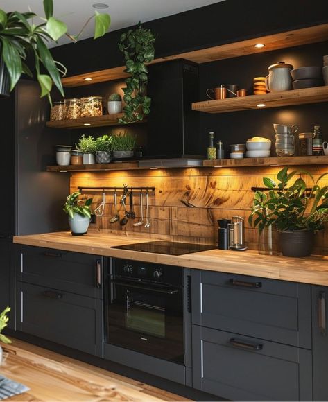 Loft Kitchen, Dark Kitchen, Kitchen Inspiration Design, Home Offices, Kitchen Trends, Trendy Kitchen, Green Kitchen, Wood Kitchen, Kitchen Style